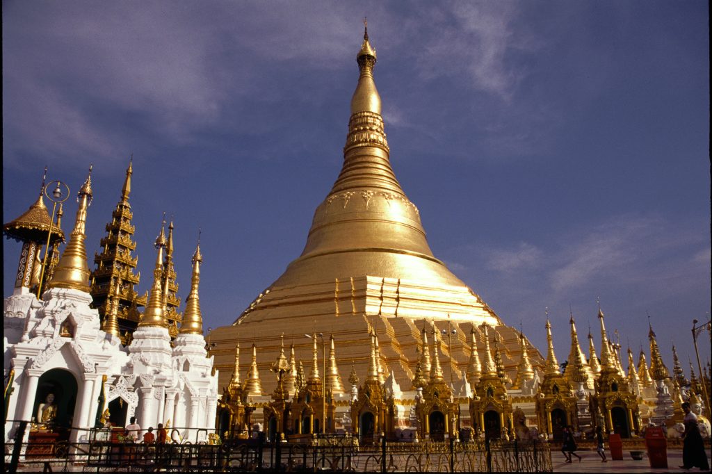 Shwedagon Paya, Yangon, Myanmar (Burma). Great golden dome rises 98 m above its base. 6 - 10th C. built many times with current form dating back to 1769.