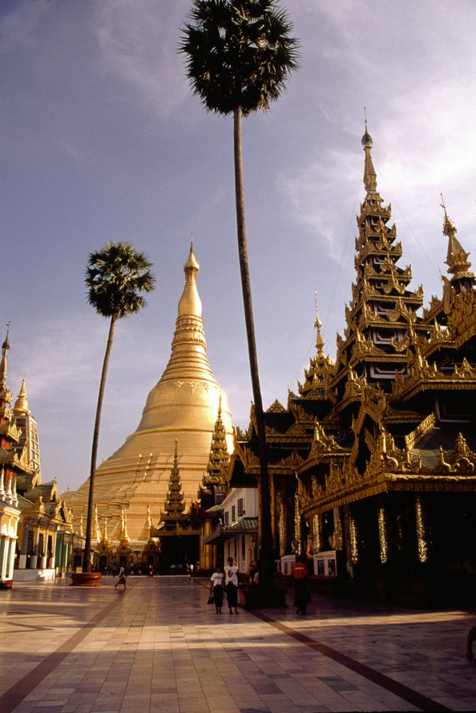 Shwedagon Paya, Yangon, Myanmar (Burma). Great golden dome rises 98 m above its base. 6 - 10th C. built many times with current form dating back to 1769.