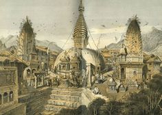 Historic drawing of Swayambhu and its vicinity by Daniel Wright. (From History of Nepal, translated from the Parbatiya by Munshi Shew Shunker Singh and Pandit Shri Gunanand: with an introductory sketch of the country and people of Nepal. Daniel Wright, M.A., M.D., (Editor) Published by University Press, Cambridge, 1877