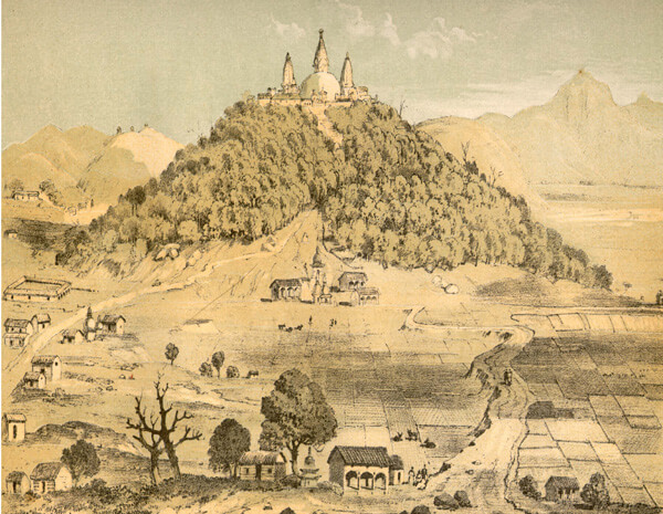 Historic drawing of Swayambhu and its vicinity by Daniel Wright. (From History of Nepal, translated from the Parbatiya by Munshi Shew Shunker Singh and Pandit Shri Gunanand: with an introductory sketch of the country and people of Nepal. Daniel Wright, M.A., M.D., (Editor) Published by University Press, Cambridge, 1877.