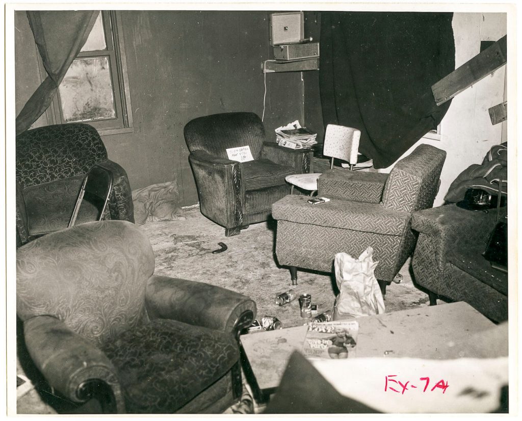 A black and white photograph of the crime scene where Sidney Albert MacDonald was murdered. Satans Angels clubhouse on Napier Street, Vancouver.