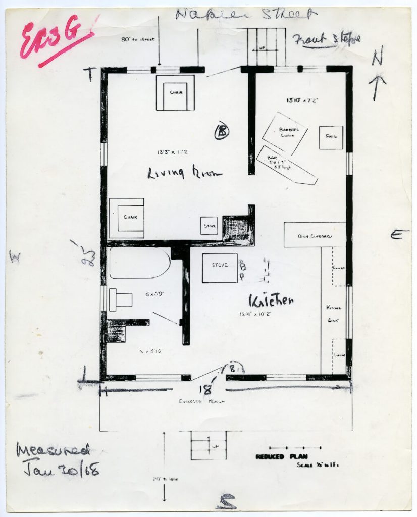 A diagram of the crime scene of Sidney Albert MacDonald's murder. Satans Angels clubhouse on Napier Street, Vancouver.