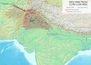 Map 3.4: Early Vedic Period (1700-1100 BCE). The early Vedic Age, showing the Aryan’s migration routes and the areas where they first resided in the Punjab. / Wikimedia Commons