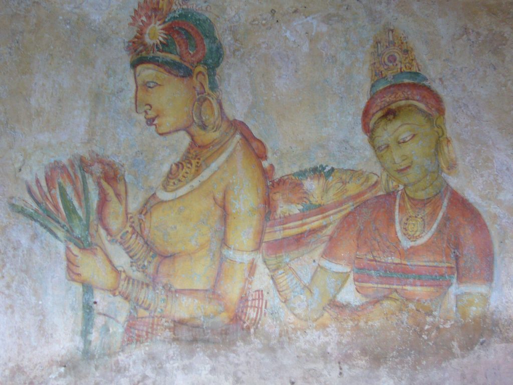 Fresco of women preparing Soma in Sigiriya Caves in Sri Lanka