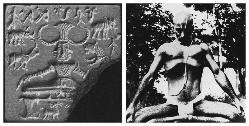 Sri Krishnamacharya sitting in Mulabandhasana in an image next to the Pashupata Seal found at Mohenjo Daro. The postures look very similar.