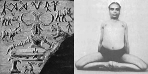 BKS Iyengar sitting in Mulabandhasana in an image next to the Pashupata Seal found at Mohenjo Daro. The postures look very similar.