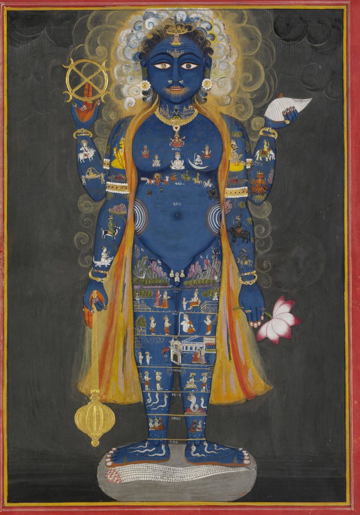 This striking painting shows the blue-skinned Hindu god Vishnu in his form as the Universal Man or Vishvarupa, which means 'all forms'. The small figures painted on his body refer to his role as encompassing all of creation. He has four arms, each holding one of Vishnu's attributes; a conch shell, a lotus flower, a mace and the circular weapon called Sudarshana chakra (meaning 'beautiful discus'). The painting was probably done in Jaipur, Rajasthan, in about 1800-1805.