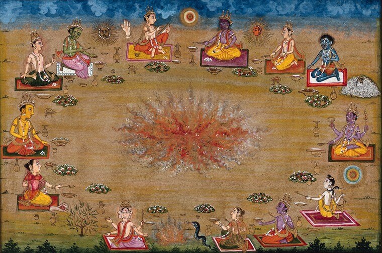 Thirteen different gods perform a yagna, a fire sacrifice, an old vedic ritual where offerings are made to the god of fire, Agni. Gouache painting by an Indian artist.