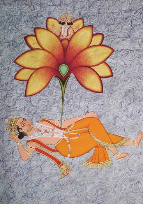 Hiranyagarba as Brahman sits atop a flower emerging from Vishnu’s Manipura chakra.