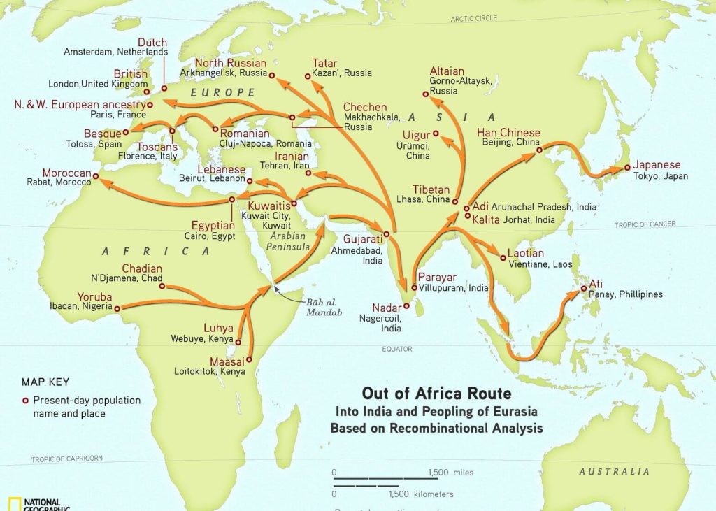 Map showing the rout people took out of Africa and into India and Eurasia based on recombinational analysis.