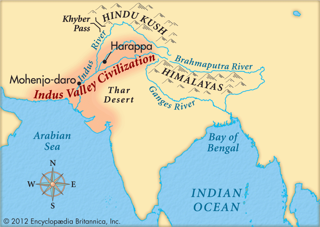 A map of Mohenjo Daro and Harrapan (2600 B.C.E.), two of the world’s earliest major urban settlements. The people were traders and their ships sailed to ancient Egypt, the Persian Gulf, Minoan Crete and Iraq carrying ivory, teak, and lapis lazuli. It was the capital of a great empire stretching from the Himalayas to the Arabian Sea. It was the largest civilization in the ancient world with 5 million people